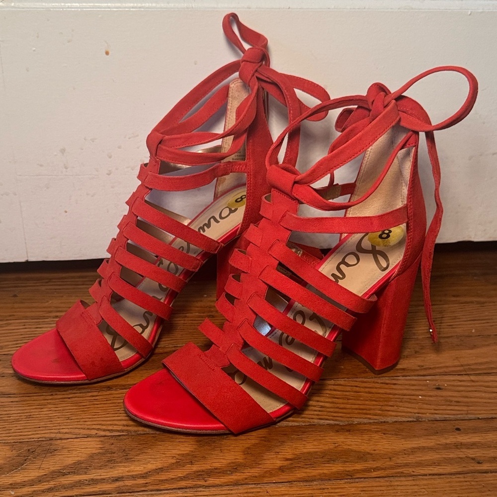 Gorgeous Sam Edelman Red Yarina Leather Chunky Heel Strappy Sandals Size 8 - Picture 2 of 11